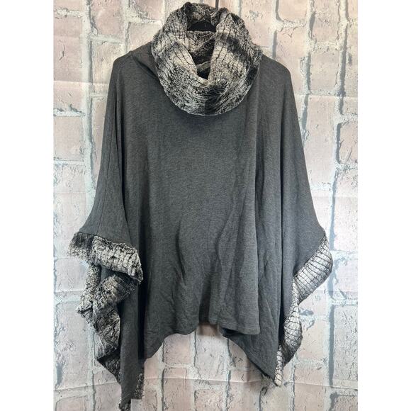 Capote SIAN Boho Cowl Neck Square Bamboo Fleece Poncho with Faux Fur Trim Sz S/M - Picture 7 of 13